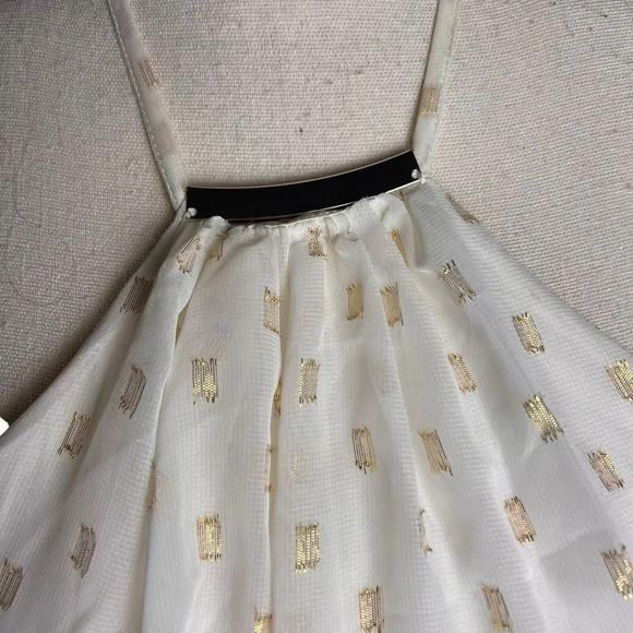 Bebe Womens Halter Dress Ivory/ Gold Accents Strappy Back Tie Elastic Waist M - Picture 4 of 16